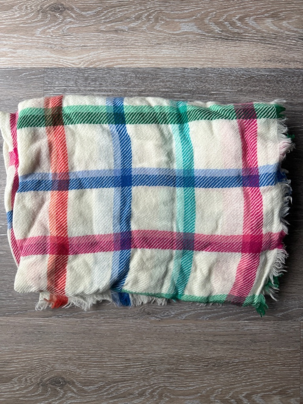 NWOT Talbots 100% Wool Plaid Scarf Wrap Shawl Cream Blue Pink Green
